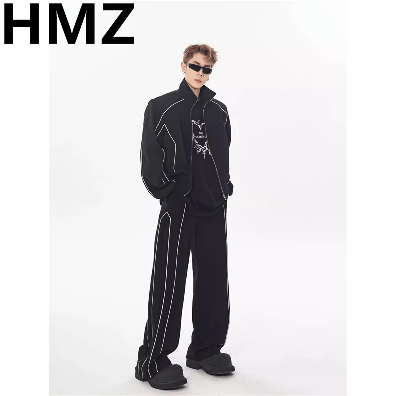 HMZ Men Solid Color Stripe Suit Loose Casual Handsome Fashion Vintage Sets Jacket Pant Suits Male Sport Coat Trousers Tracksuit