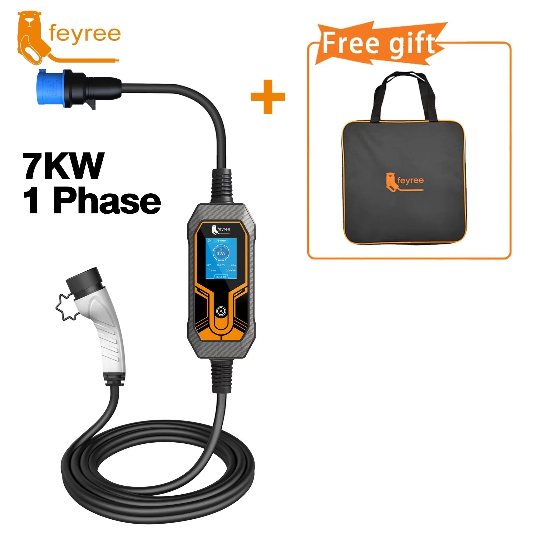 Feyree Tragbares 7kW 32A 1-Phasen Typ2 5m Kabel EV-Ladegerät Wallbox CEE-Steckdose EVSE Ladebox für Elektrofahrzeuge Autoladegerät