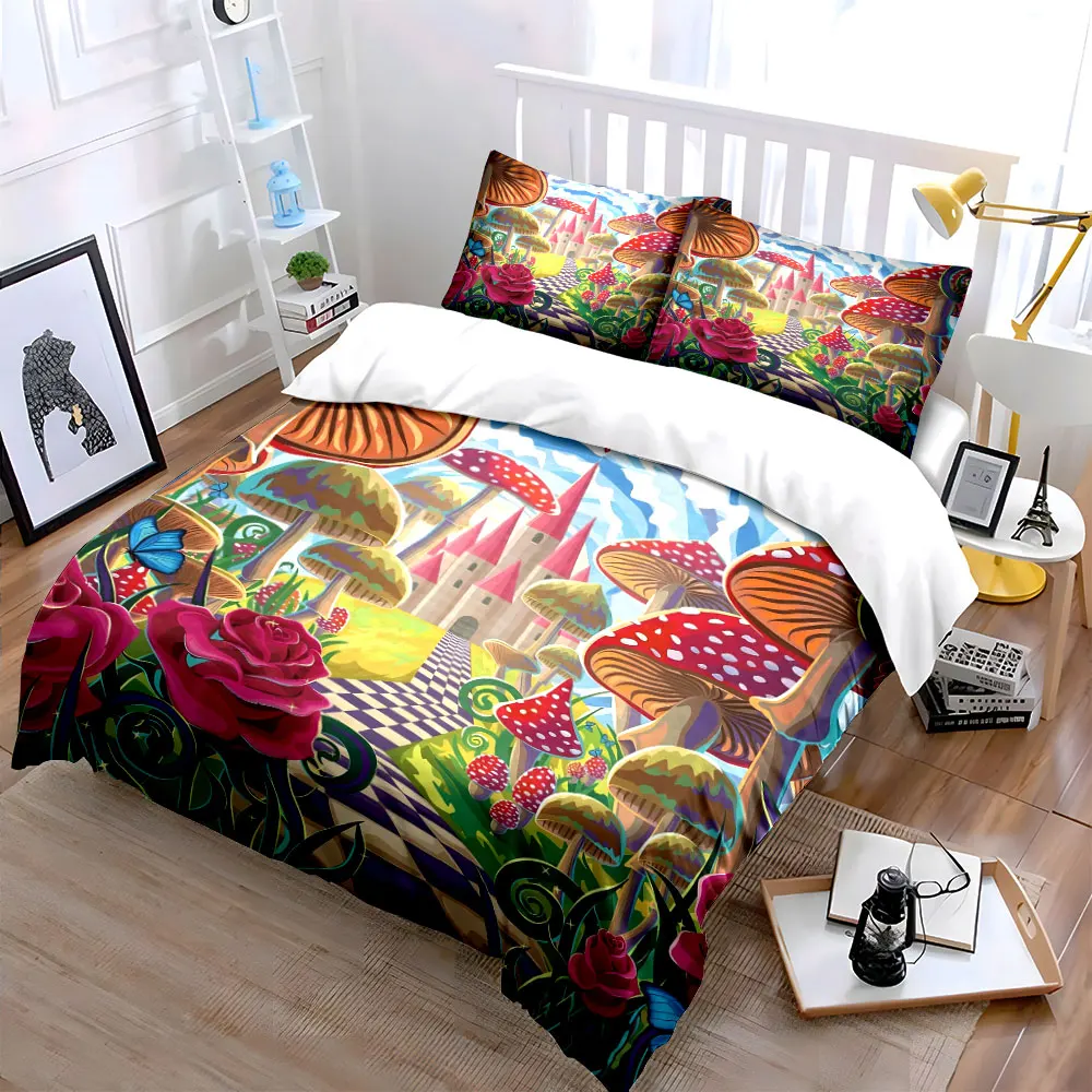 Fantasy mushroom fairy tale castle scene Duvet Cover Set with 3D Printing Design Soft Polyester Bedding Set All-Season Comfort
