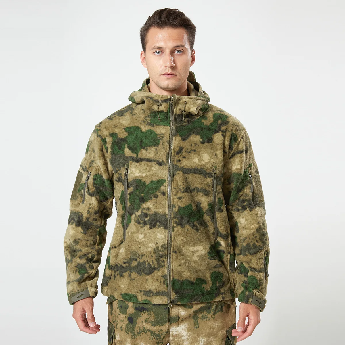 

Men's Tactical Camouflage Fleece Jacket Winter Warm Hooded Thicken Polartec Zip Up Windproof Outdoor Sports Coat Hiking Hunting