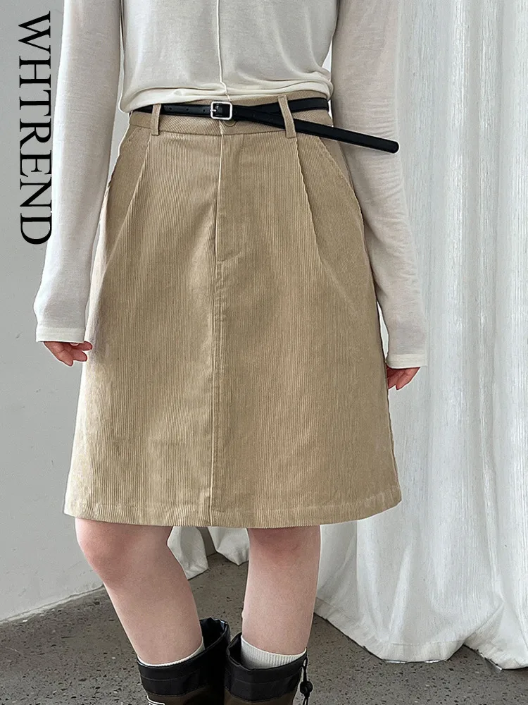 

WHTREND Simple Corduroy Midi Skirt For Women Autumn New Versatile High Waist Slimming Bodycon Short Skirts Korean Style