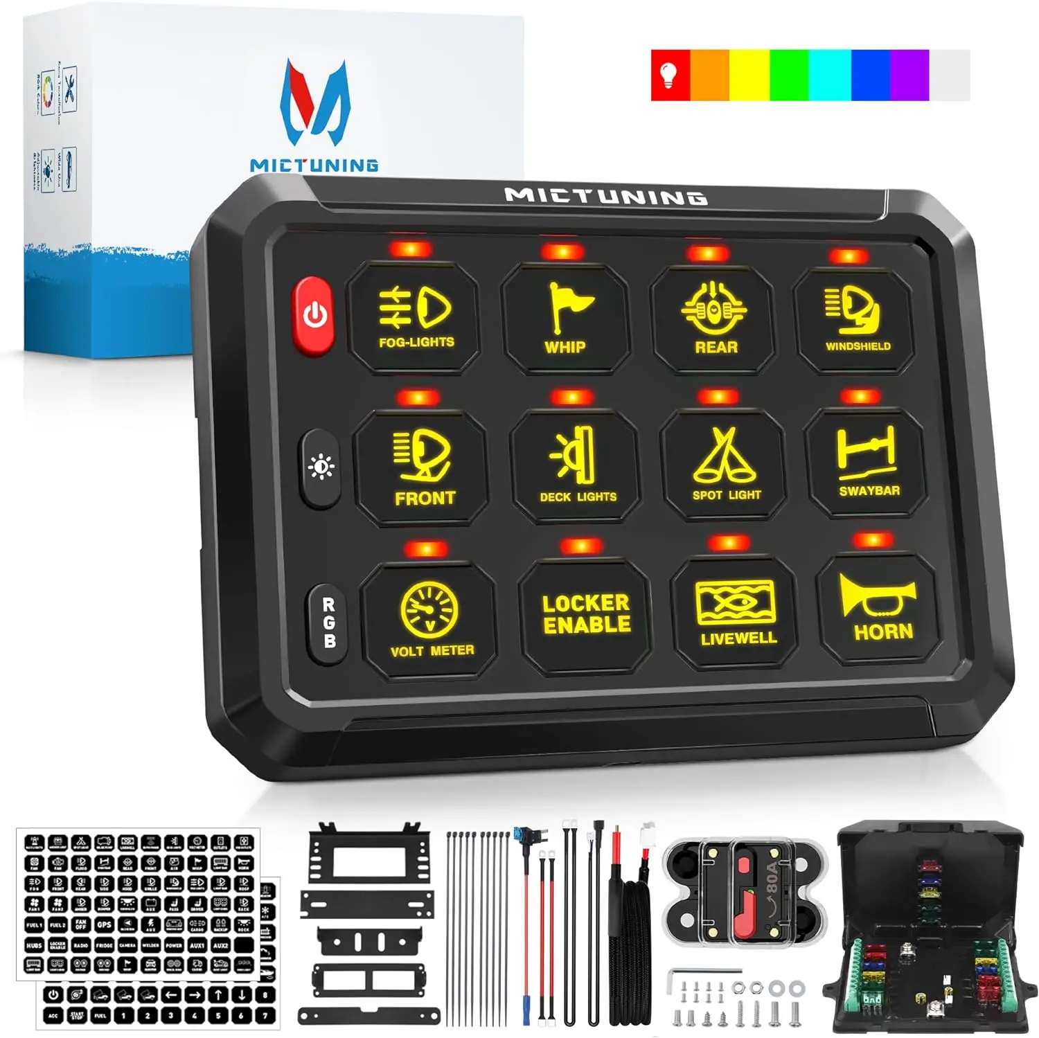 

Mictuning 12Gang RGB LED Switch Panel On-Off Control Relays System Background Light Electronic Relay System for Truck Car Boat