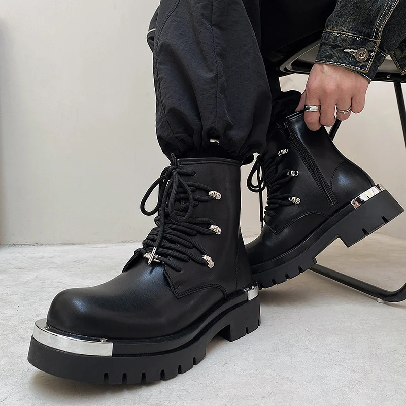 New Original Style Men\'s Platform Boots Fashion Height Increasing Leather Boots Men Designer Derby Shoes Street Men Chunky Boots
