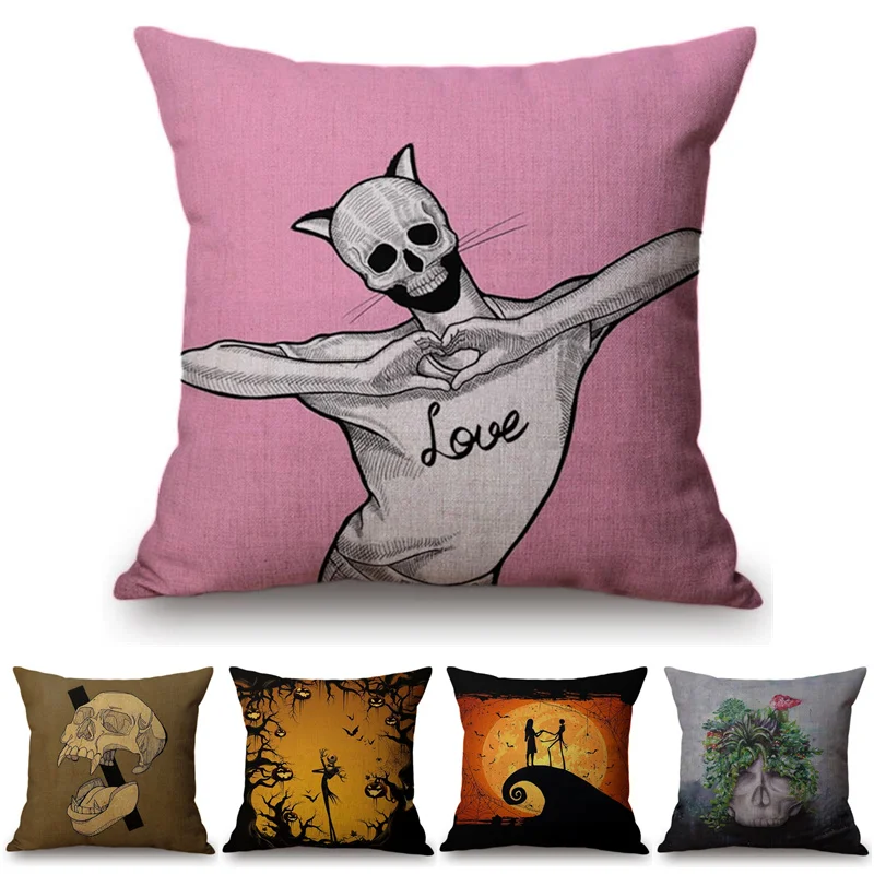 Cool Skull Funny Cushion Cover Halloween Funky Art Decoration Pillowcase Cotton Linen Car Sofa Throw Pillow Cover Kussenhoes