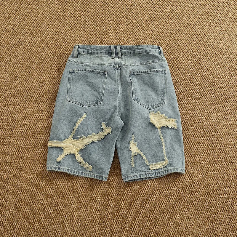 

Punched and Handsome Trendy Denim Shorts for Men in Summer, Versatile, Vintage, Washed, and Five Part Pants