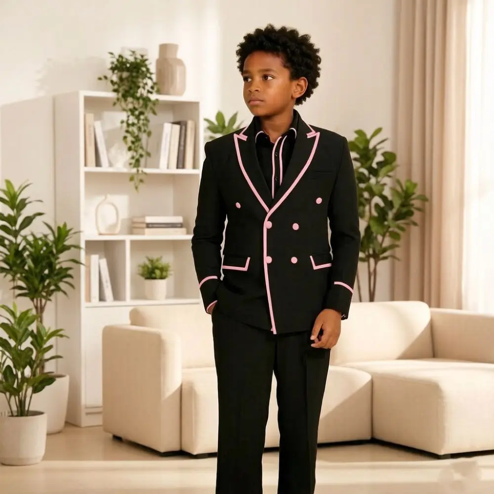 Luxury Piping Detail Double Breasted Boys Wedding Suit 2 Pieces Kids Tuxedo Separates Set Child Outfit for Birthday Party