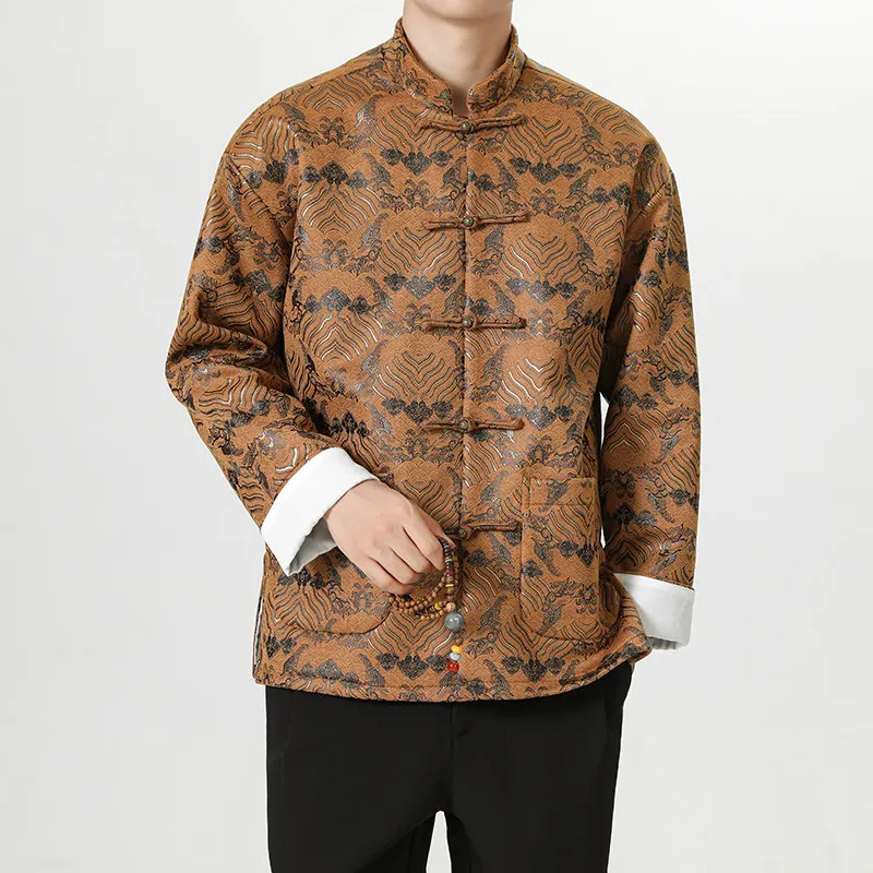 

Thiened Retro Sle Stand Collar Tang Costume Jaet Autumn Winter Warm Loose Casual Top Buttoned Outerwear for Men