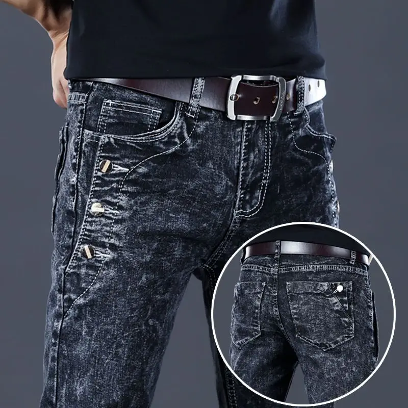 

Fashion Stylish Korean Style Clothes Classic Kpop Streetwear Luxury Slim-Fit Smoke Gray Men's Jeans Casual Cowboy Pants for Men