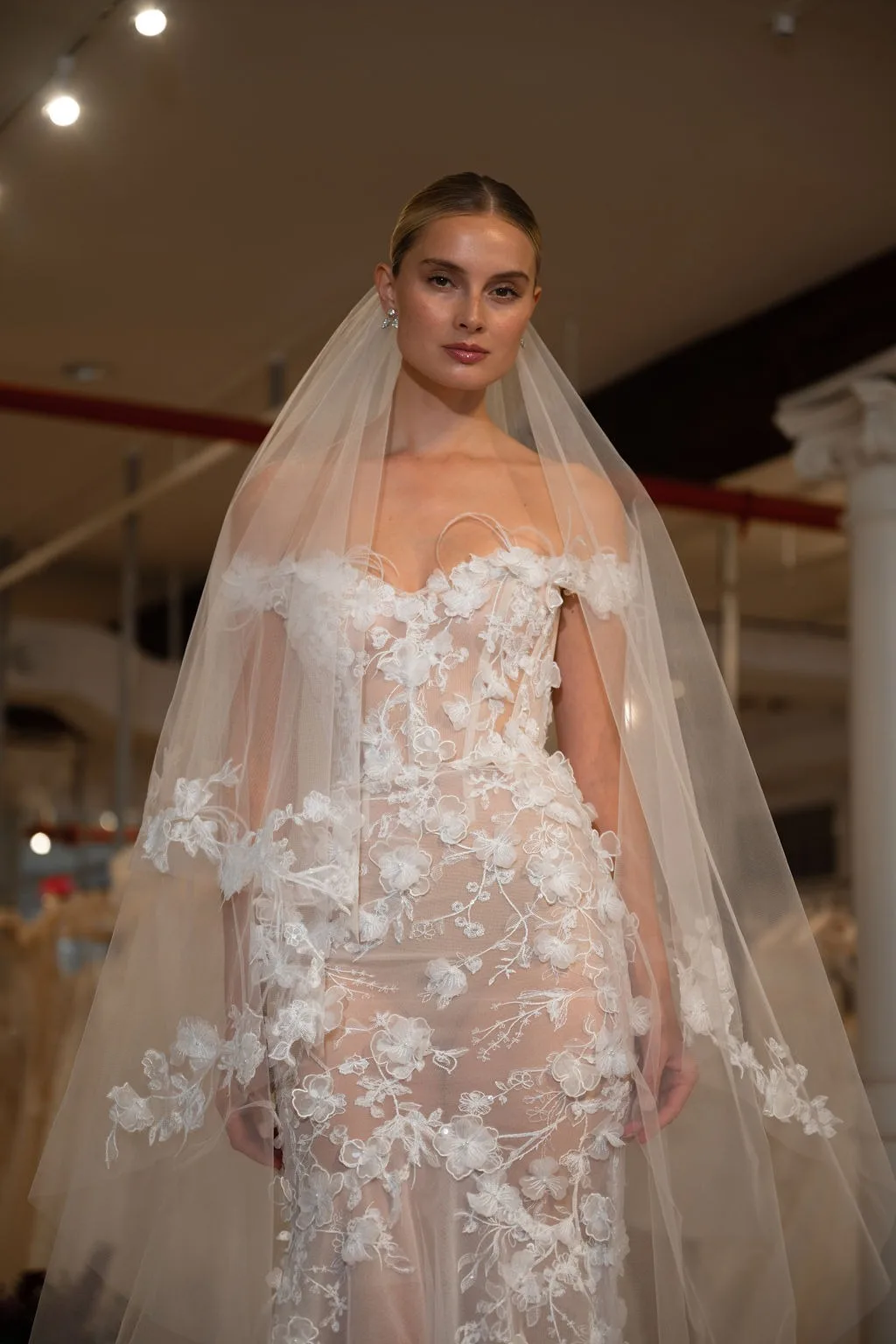 Romantic Sheer Tulle Ornate Lace Applique Two Tier Cathedral Wedding Veil Custom Dreamy Bridal Long Trail Veils