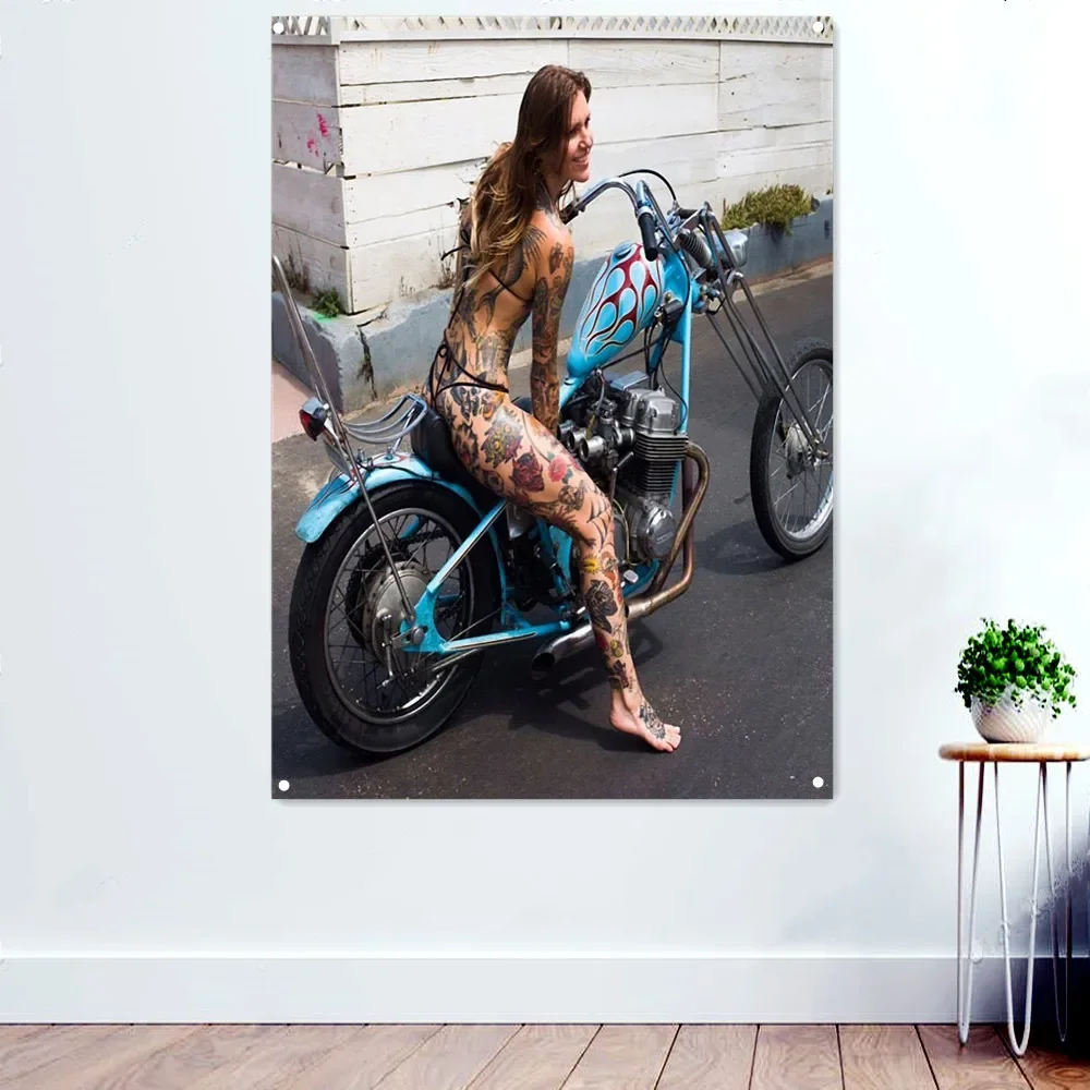 Hot Biker Tattoo Girl Motorcycle Posters Home Decor Banners Wall Hanging Flag Canvas Painting Wall Chart For Bedroom Living Room
