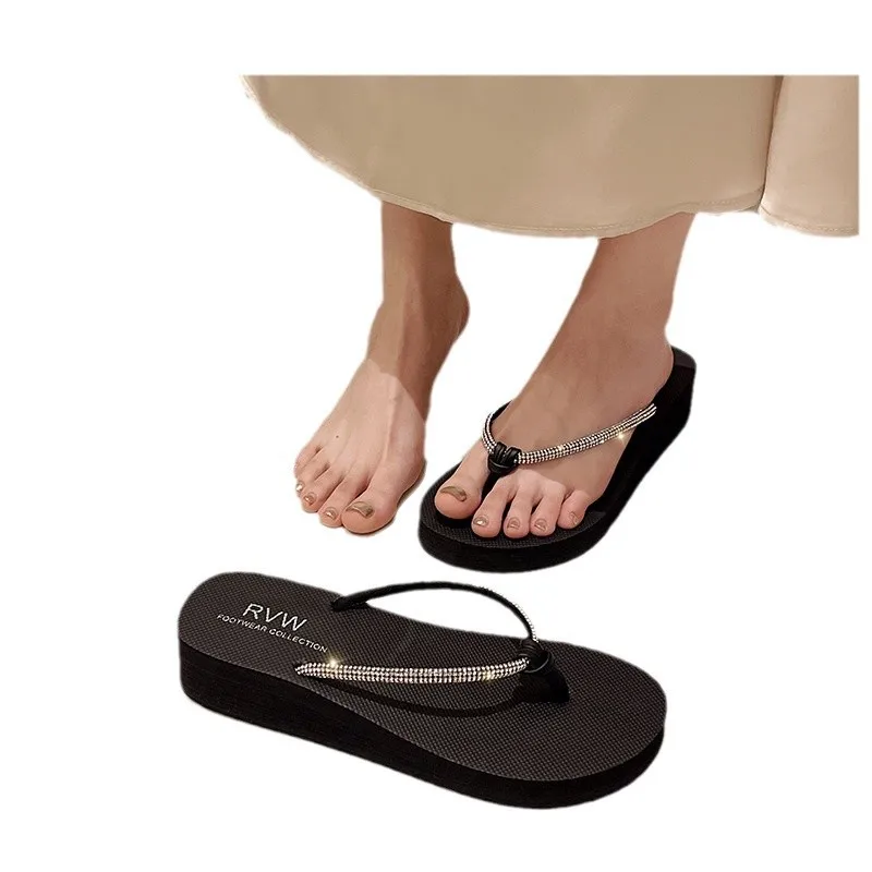 Nuevas Sandalias de Playa de Verano para Mujer, con Plataforma y Tacón Grueso, Chanclas con Tiras de Crochet y Pedrería