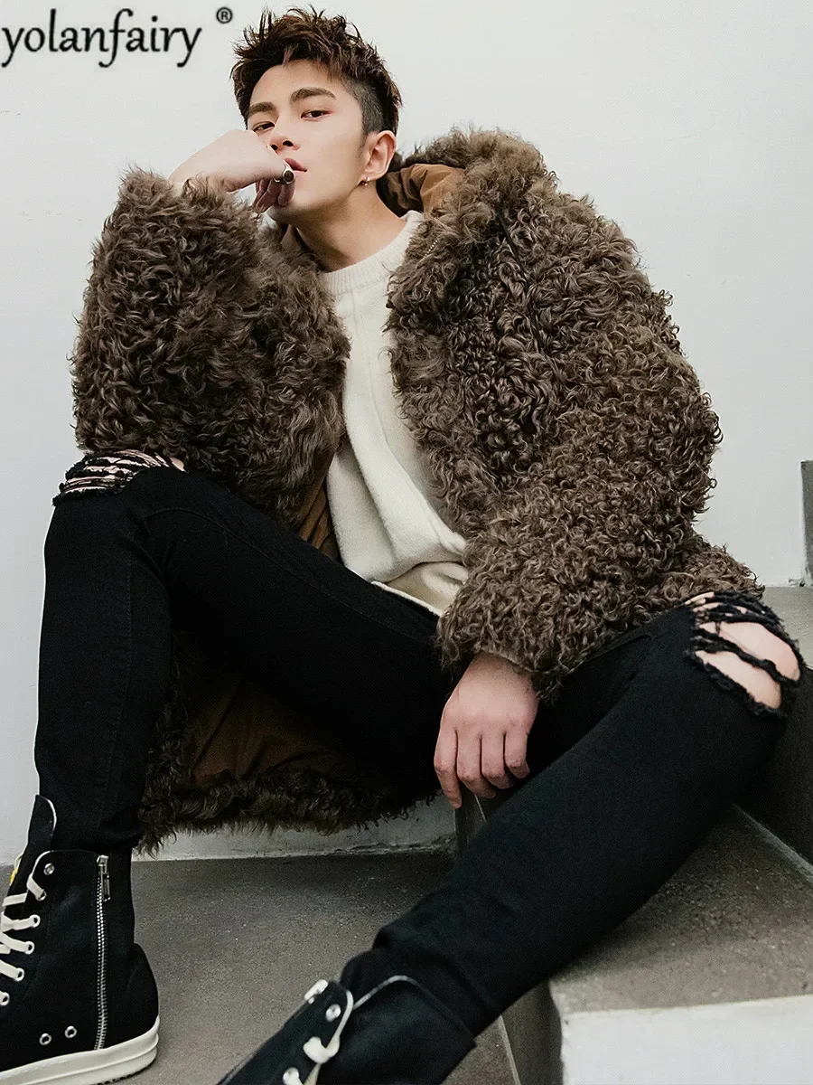 YOLANFAIRY Real Fur Caot Men Winter Sheep Shearling Jacket Man Hooded Natural Wool Fur Coats High Quality Men's Fur Coat 19345