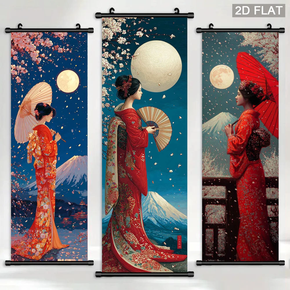 VIKAMA Kimono Girl Scroll Tapestry, Cherry Blossom Mount Fuji Wall Hanging, Living Room Fabric Poster, Home Decoration