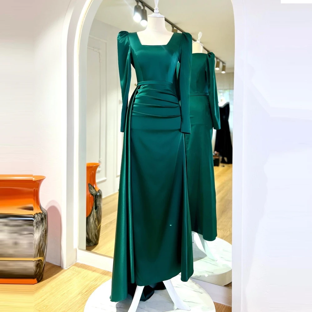 

Carolina Square Neck Pleated Evening Dresses Women Saudi Arabia Satin Long Sleeves Wedding Guest Elegant Formal Party Gowns