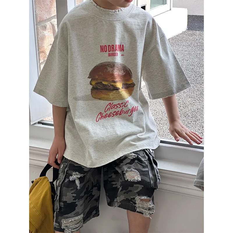 Korean 2024 Summer Little Boys Tops Hamburger Printed Loose Toddler Boys Round Collar Cotton Cool Make Old Children Boys T-shirt