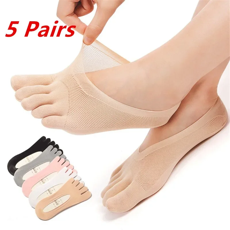 1/3/5 par/lote calcetines de cinco dedos de verano para mujer ultrafinos divertidos dedos invisibles barco Sokken silicona transpirable corto tobillo bajo Sox