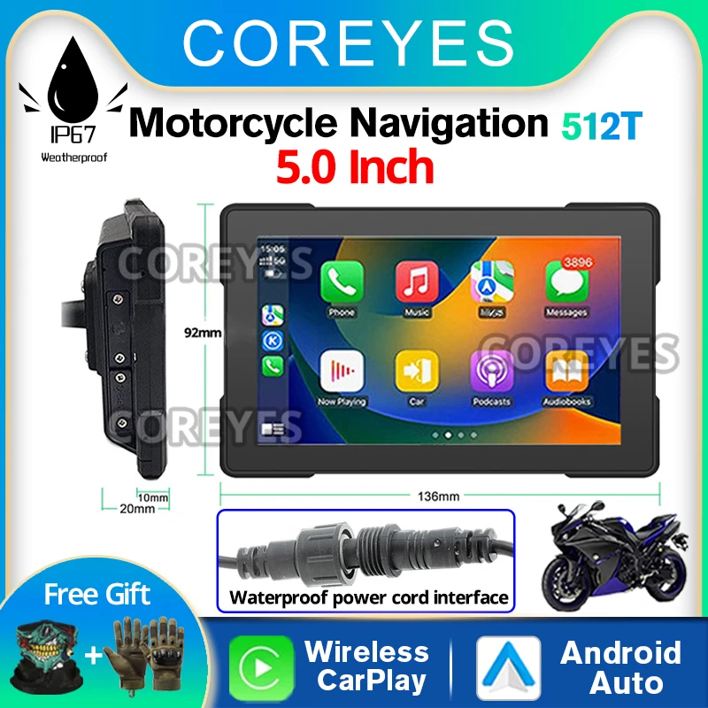 Coreyes 512t tela da motocicleta carplay xadv moto navegação tela à prova dwaterproof água portátil motocicleta sem fio android monitor automático