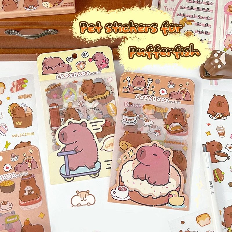 Capybara Kawaii fosco adesivos, desenhos animados bonitos, Decoração do diário, Scrapbooking, Jornal adesivos, Papelaria estética, escola, 4 folhas