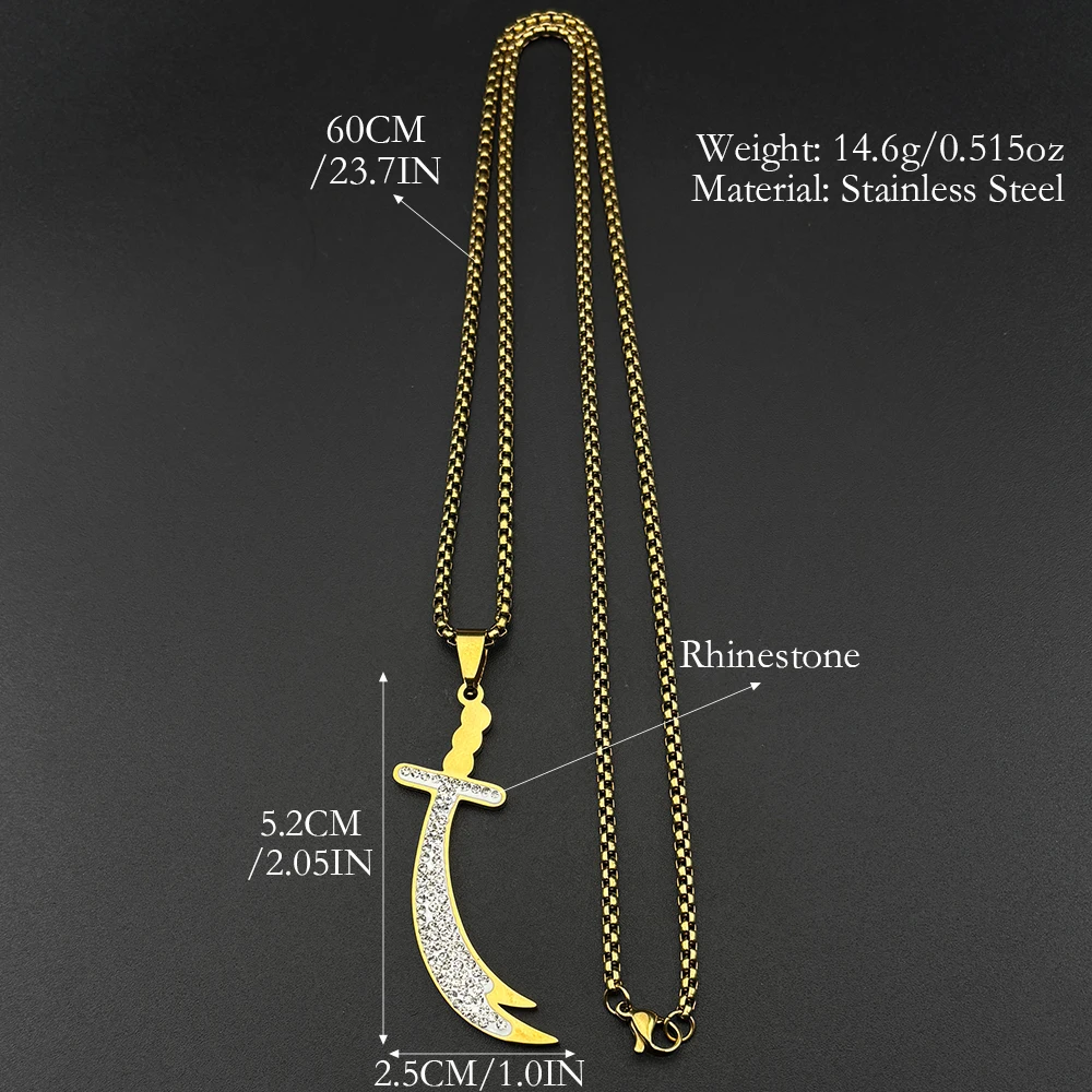 Islamic Imam Ali Zulfiqar Sword Pendant Necklace for Women Men Stainless Steel Gold Color Full Rhinestones Arabic Chain Jewelry - view 6