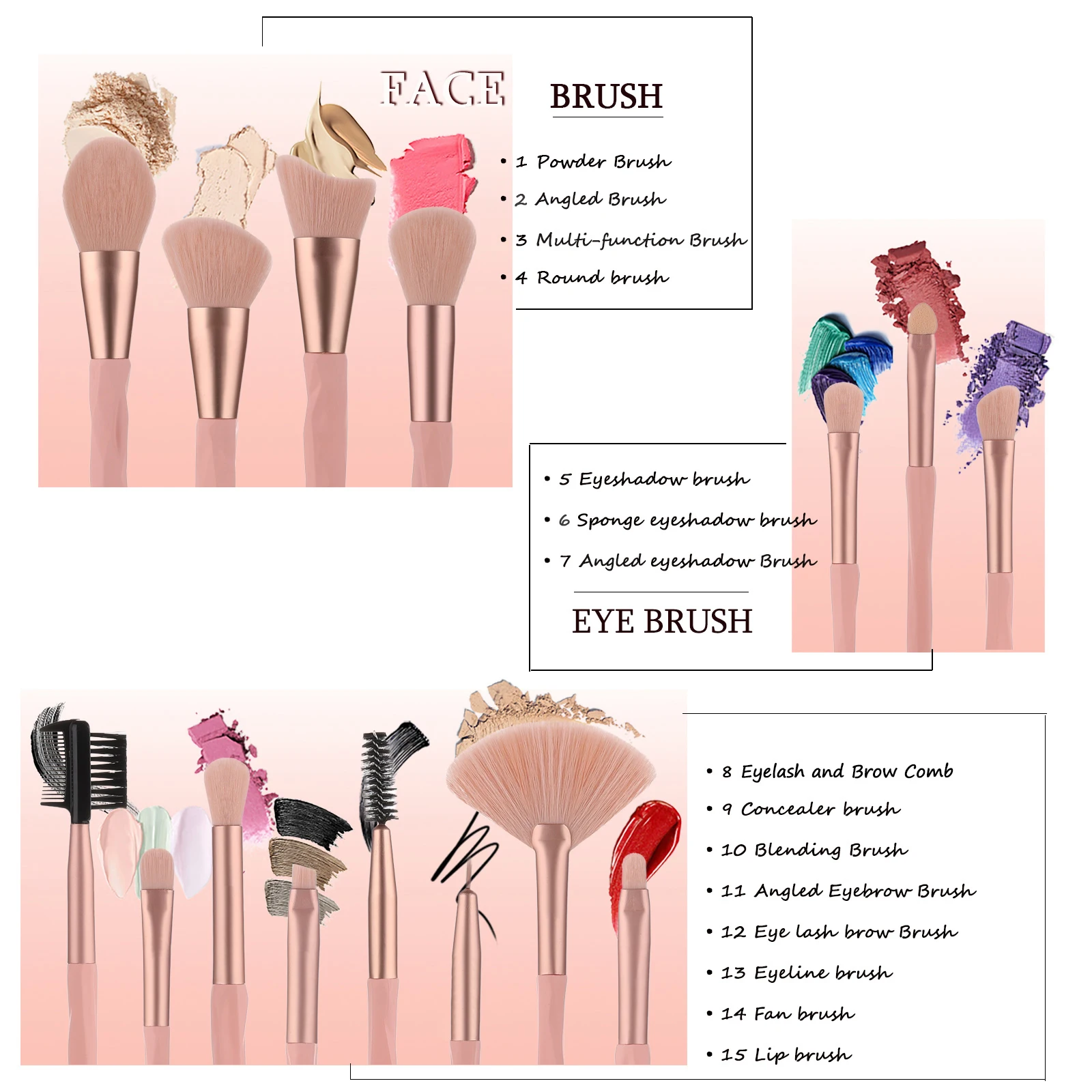 KOSMETYKI 15Pcs Makeup Brushes Rubber Paint Handle High Quality Soft Hair Powder Blush Eye Brush Complete Makeup Tools