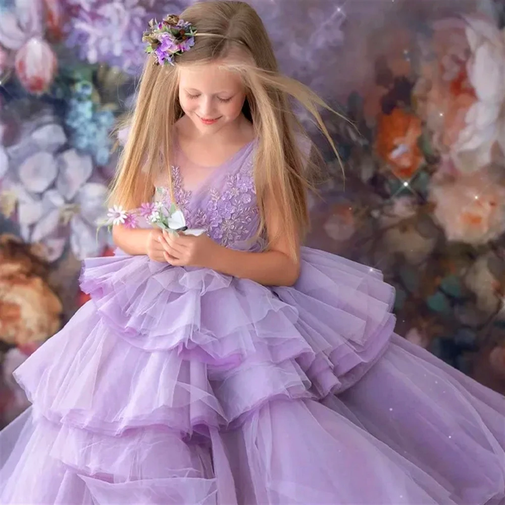 Princesa baile desfile primera comunión elegante tul púrpura encaje capas vestido de niña de flores niños sorpresa regalo de cumpleaños