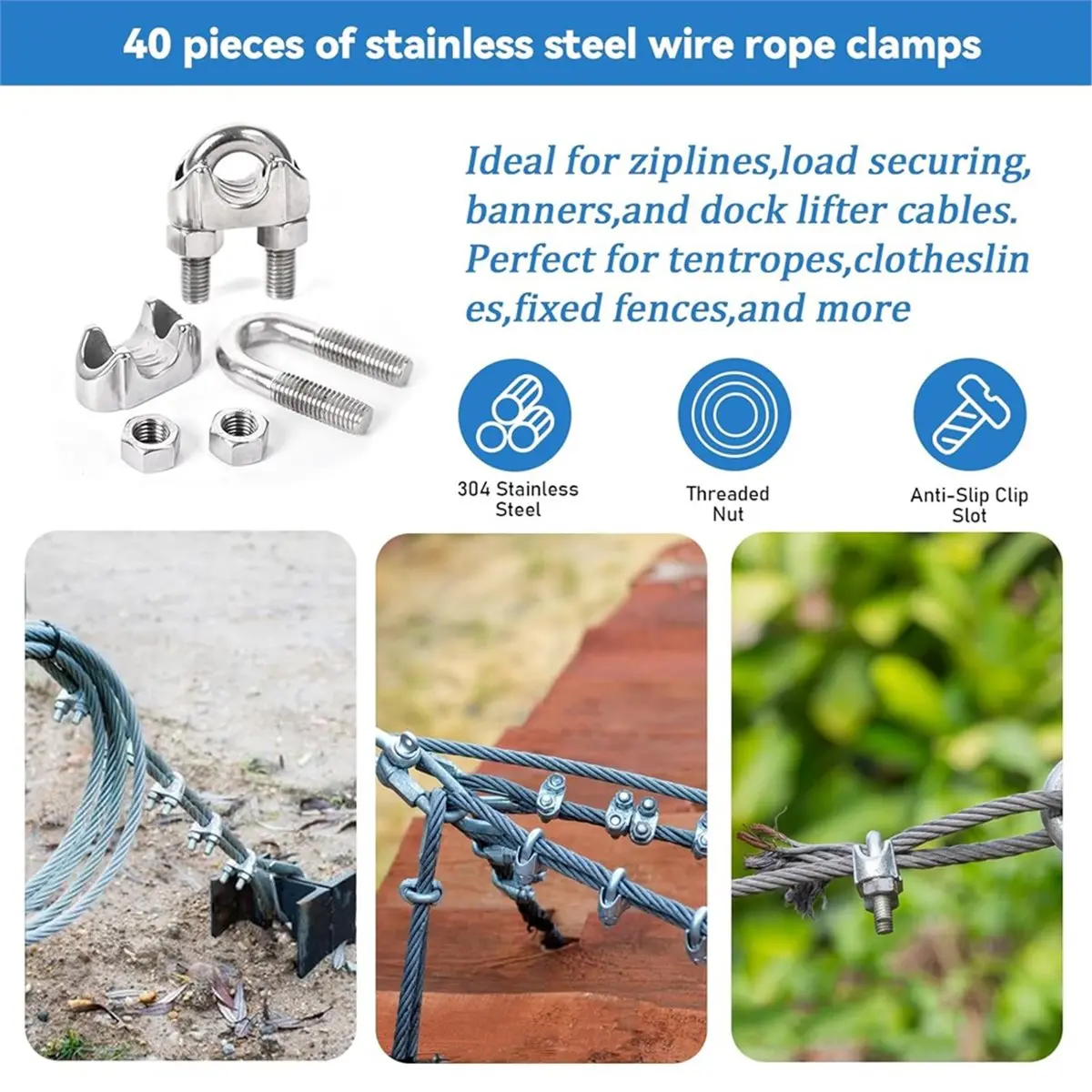 40pcs Wire Rope Clamps,4 mm Rope Clamps,304 U Bolts,Stainless Steel Rope Clamps,for Steel Cable,Steel Wire,Washing Line