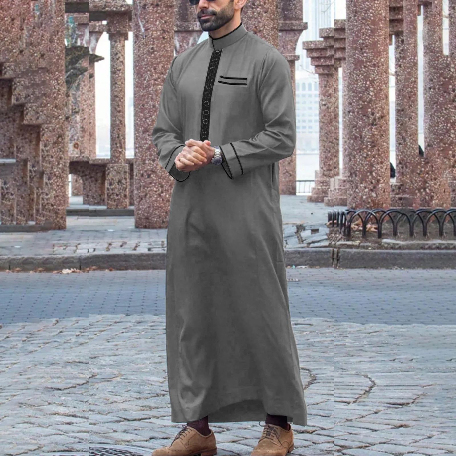 2025 イスラム教徒の男性ローブ刺繍ルーズロングスカートラマダン祈りカフタンパキスタンの服装トーブ紳士の伝統的なドレス