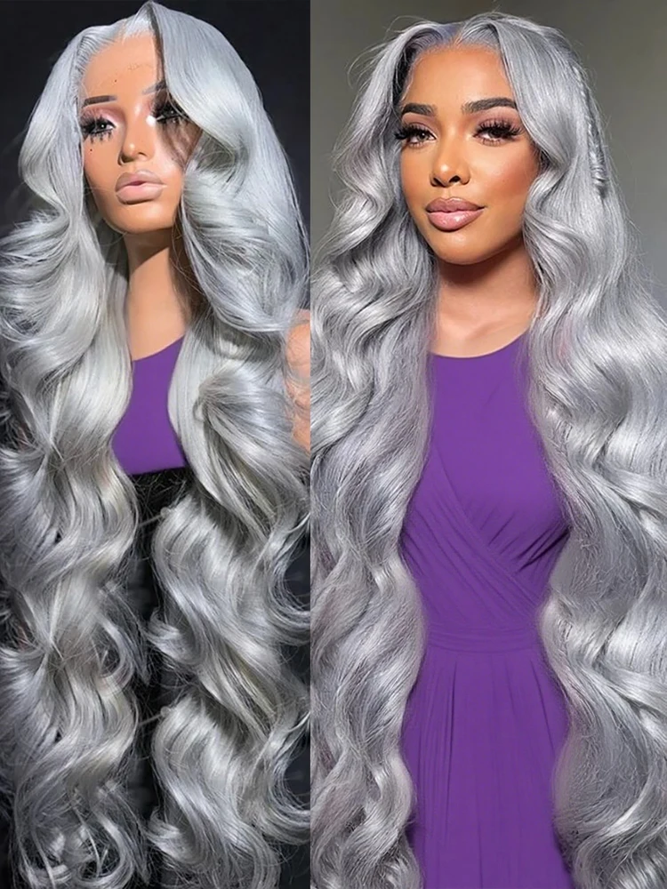 

40-дюймовый парик из натуральных волос с прозрачной серебристо-серой кружевной основой 13x6, волнистый, с цветным кружевом 13x4, для женщин, плотность 250