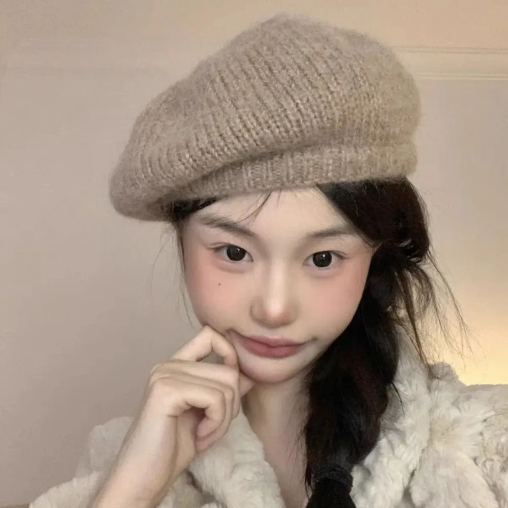 

Personality Mohair Knitted Beret Hat Solid Color Harajuku Wool Painter Hat Y2K Fluffy Knitted Octagonal Cap Winter