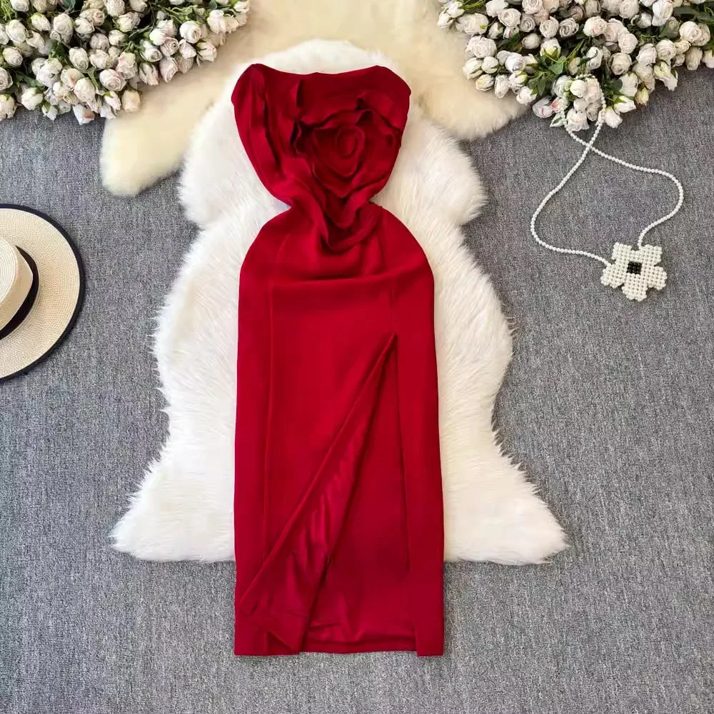 Sexy Hohe Qualität Sommer Frauen Liebsten 3D Stero Blume Verband Kleid Schwarz Rot Ärmellose Midi Bodycon Party Abendkleider