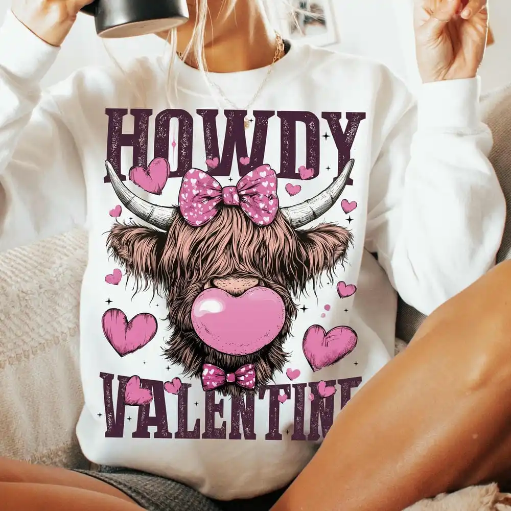 Howdy Valentine Western Valentines Day Sublimation Sweatshirt Howdy Valentine Casual Roundneck Fleece Sweatshirt Y2K Streetwear