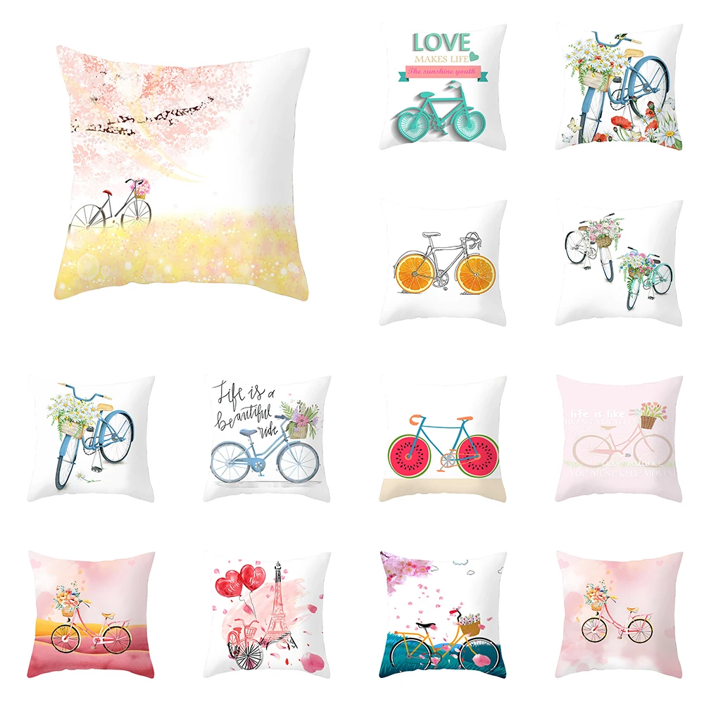 Valentine's Day Bicycle Flower and Grass Print Cushion Cover Home Living Room Sofa Decoration Pillow