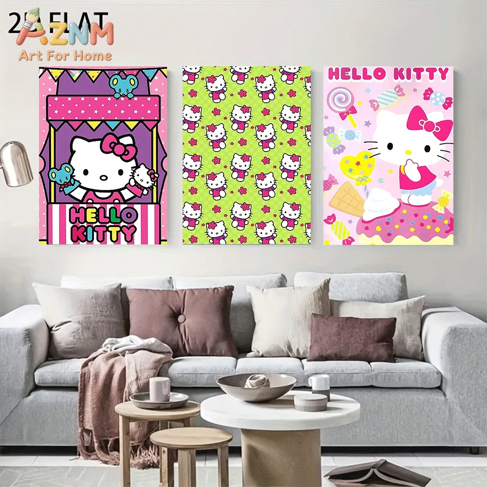 AZNM Sanrio Hello Kitty Canvas Wall Art Unframed Cute Cartoon Puppet Show Candy Sweet Theme Character Print Painting Girls Bedro