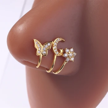 여성용 지르콘 달 나비 육각 코 클립, 인공 크리스탈 상감 가짜 코 반지, 비 천공 주얼리