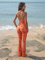 Women Halter Neck Lace Trim Floral Print Flared Jumpsuit Boho Spring Summer Vacation Beach Date Lightweight Flattering Jumpsuit - Image 2