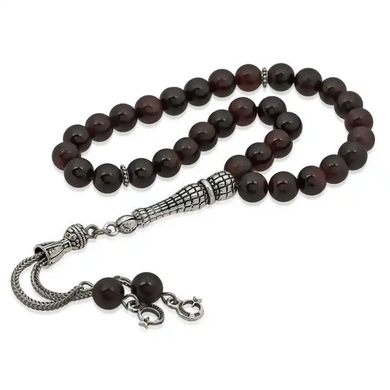 ​Silver Tasseled Garnet Rosary Natural Stone Beads 33 Tasbih Rosary 925 Sterling Silver Tasseled, Islamic Muslim Tasbih Allah Men Women Meditation jewelry, Tasby, Unisex