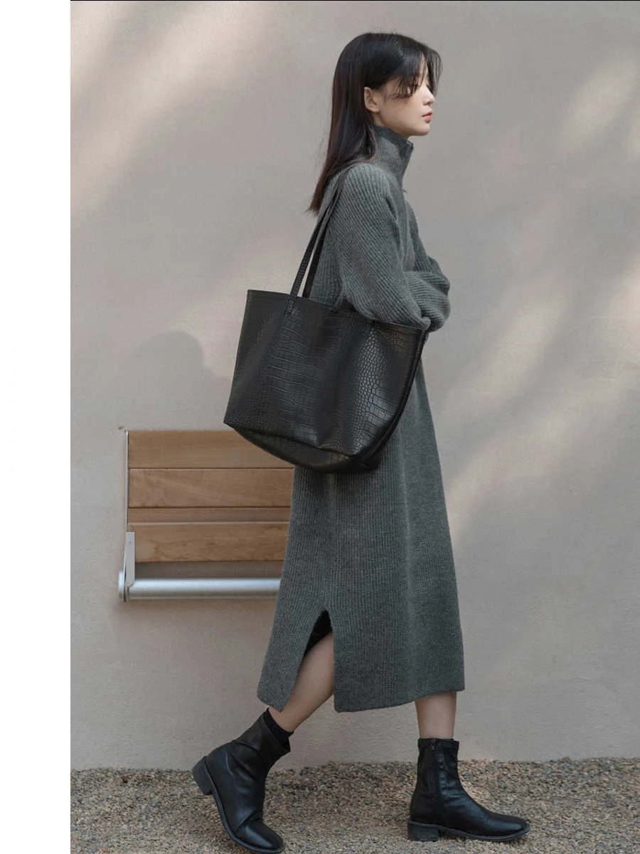 

French Retro High Neck Knitted Dress For Women In Autumn And Winter, Simple And Loose Long Woolen Dress