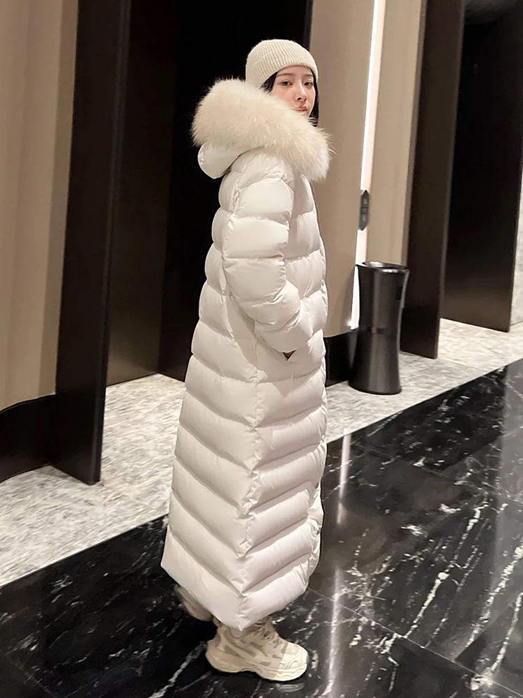 

Women Down Parkas Winter Long Slim White Goose Down Coats Thick Warm Fur Collar Hooded Jackets Female Overcoats Snow Wear