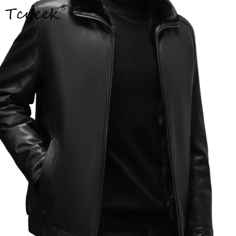 

Tcyeek Top Layer Goatskin Autumn Winter Mink Inner Liner Lapel Black Men's Genuine Leather Jacket Куртка Кожаная Мужская 가죽 자켓