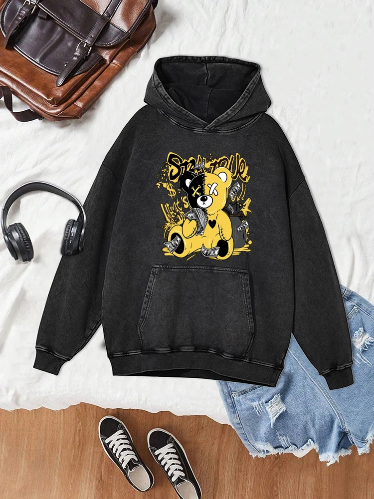 Little Bear Counting Dollars Print Men Distressed Washed Hoodie  Autumn Crew Neck Clothing Fashion Oversize Loose Casual Hoody