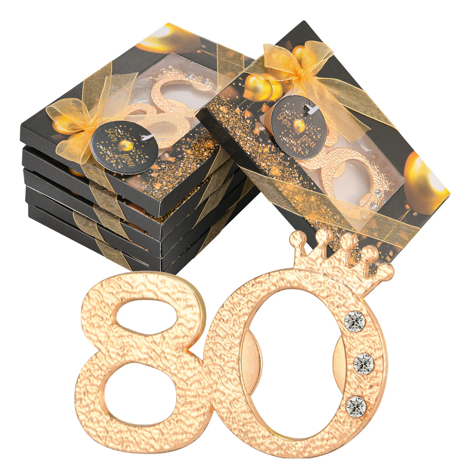 

Bottle Opener for 80th birthday, Black and Gold Theme, Digital Crown, Party Gift