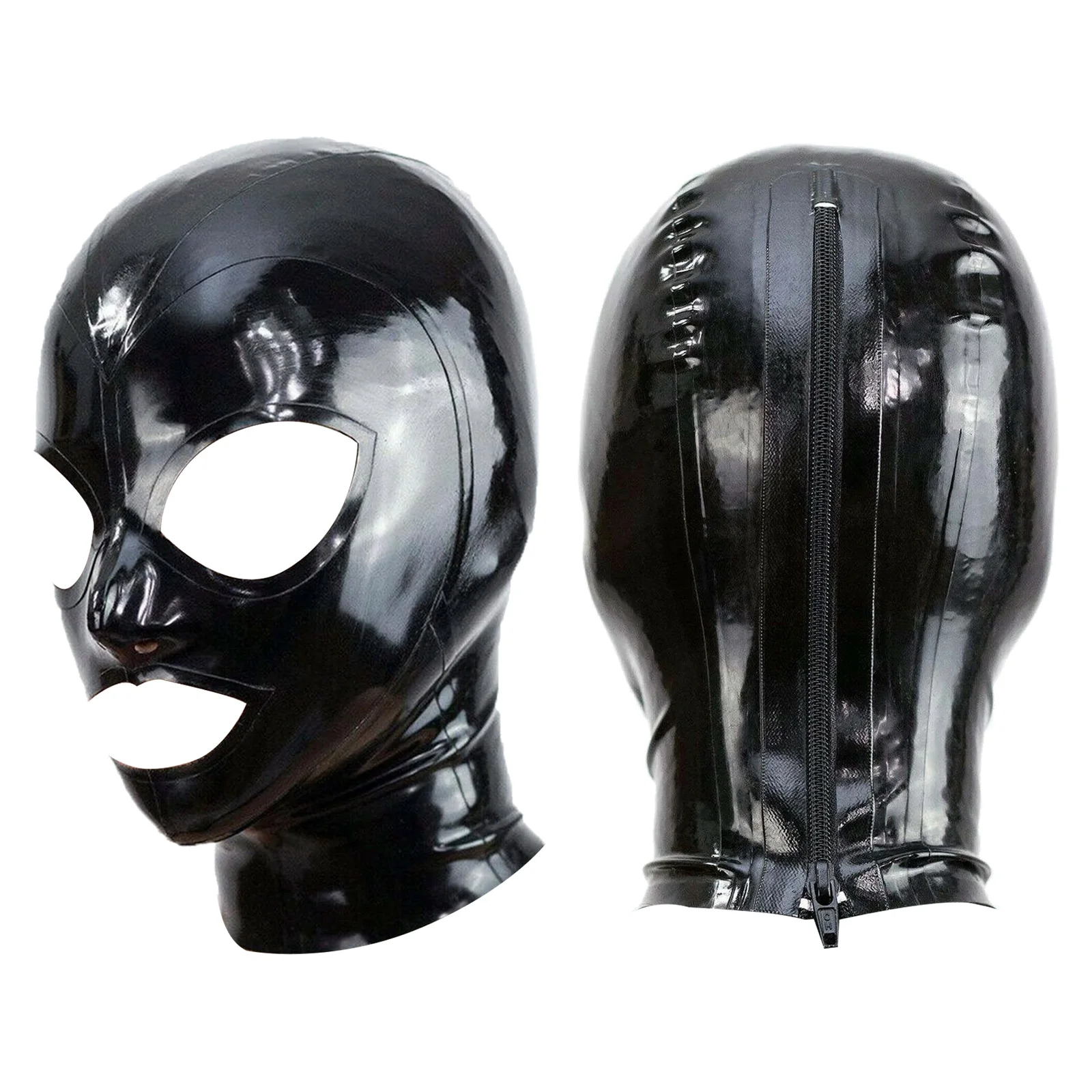 

Men Women Latex Zipped Hood Mask Sexy PU Leather Head Cover Open Mouth and Eye Full Face Mask Role Play Cosplay Costume