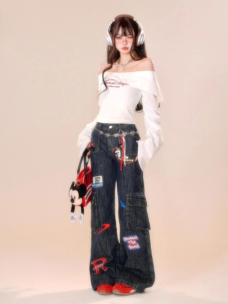 REDDACHiC Cowgirl Afdrukken Stempels Flare Jeans Blauw Verontruste Grafische Wijde Pijpen Zakken Cargo Broek Vintage Y2k Vrouwen Streetwear