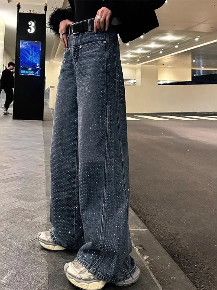 

American Retro Heavy Du Rhinestone Straight Leg Jeans Women's High Street Design High Waist Loose Slim Wide Leg Pants