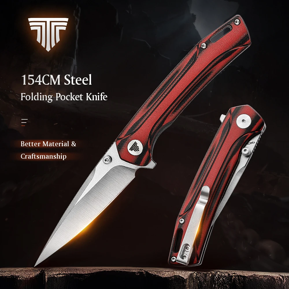 

TRIVISA Pocket knife for Men，EDC Folding knives with Clip, 3.26" 154CM Steel Blade & G10 Handle，Ball Bearings Pivot，Camping