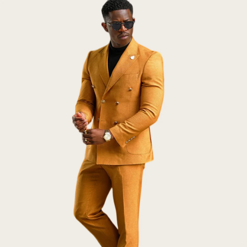 

Mophiel Yellow Men's Suits 2 Pieces Set Double Breasted Peaked Lapel for Wedding Party Tuxedo Business Jacket+Pants Customized