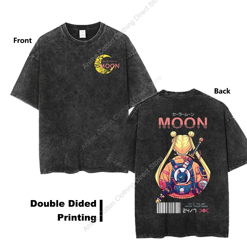 Girl Warrior Moon T-Shirt Anime Dwustronny Nadruk T-shirt Y2k Street Casual Unisex Oversized Loose Tees Retro Cotton Tops