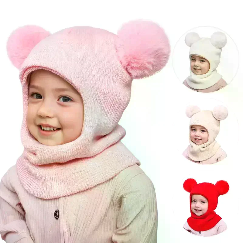 1Pcs Children Double Balls Integrated Hat Scarf Cute Balaclava Hats Boys Girls Autumn Winter Pompom Ball Wool Cap