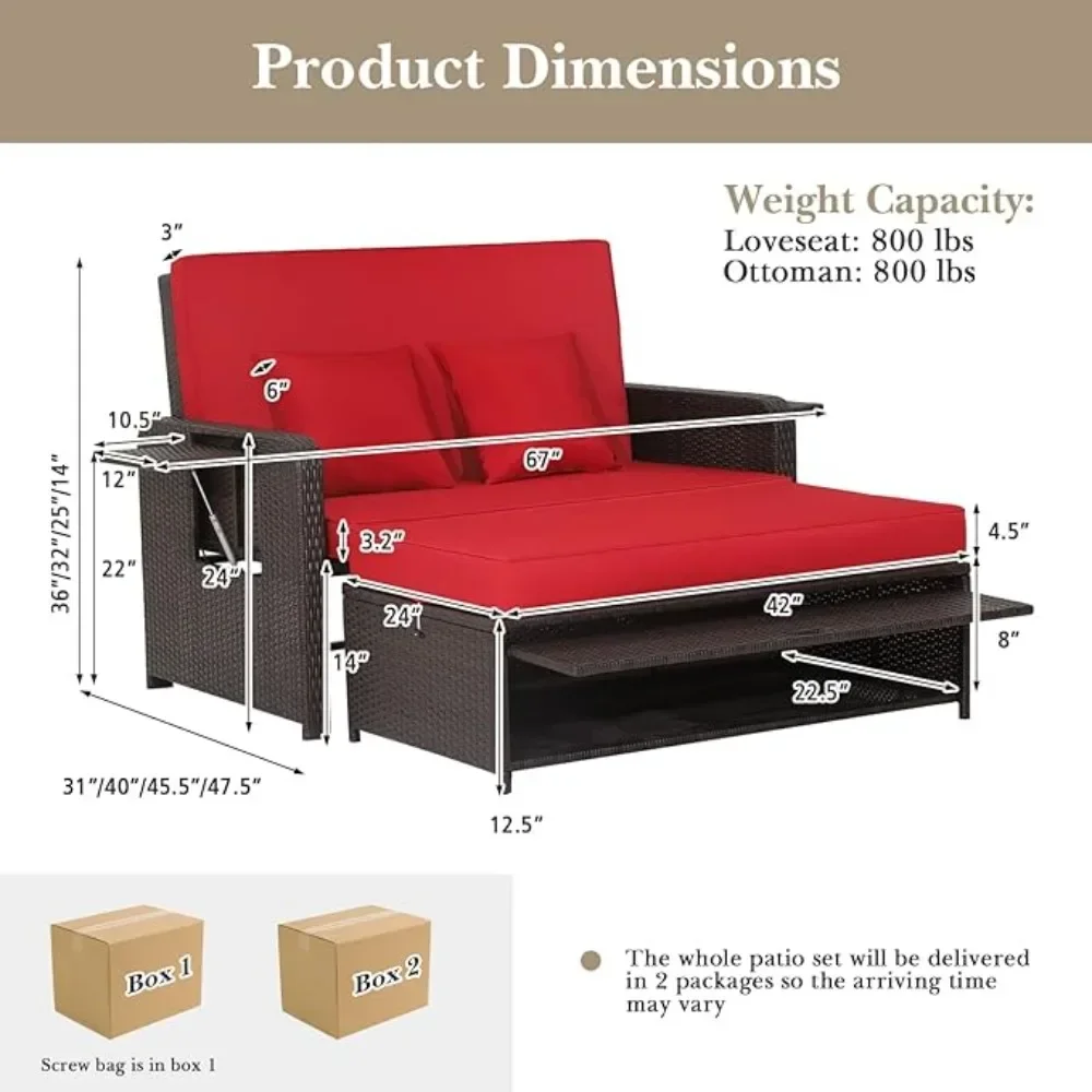 Patio Rotan Daybed, Patiojoy rieten loveseat bank met multifunctionele poef en intrekbaar zijblad, 4-niveaus verstelbare rugleuning