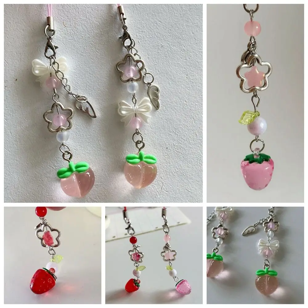

Sweet Y2K Strawberry Phone Lanyard Beaded Transparent Fruits Phone Chain Pink Red Pendant Phone Strap Charm Cellphone Keychain